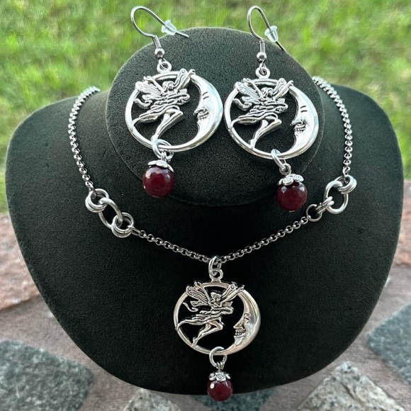 Set ! Fairy moon red garnet gemstones beads necklace + matching earrings boho - Picture 7 of 10
